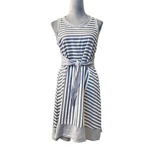 Olive + Oak Sheath Dress Womens Medium White Blue Striped Sleeveless Tie Waist